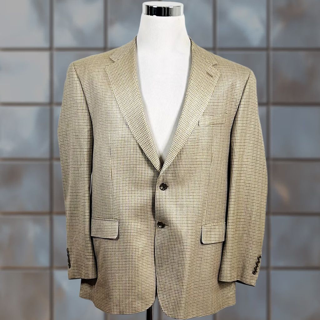 Chaps Chaps Sport Coat 44R Silk Houndstooth Two-Button Lined Vented Navy Gold Blues Notch Lapel Size US XS / EU 42 / 0 - 1 Thumbnail