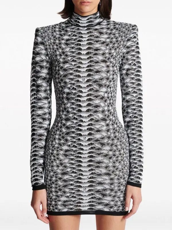 Balmain o1s1wg110825 Python Jacquard Knitted Dress in Black/White Size L / US 10 / IT 46 - 5 Thumbnail