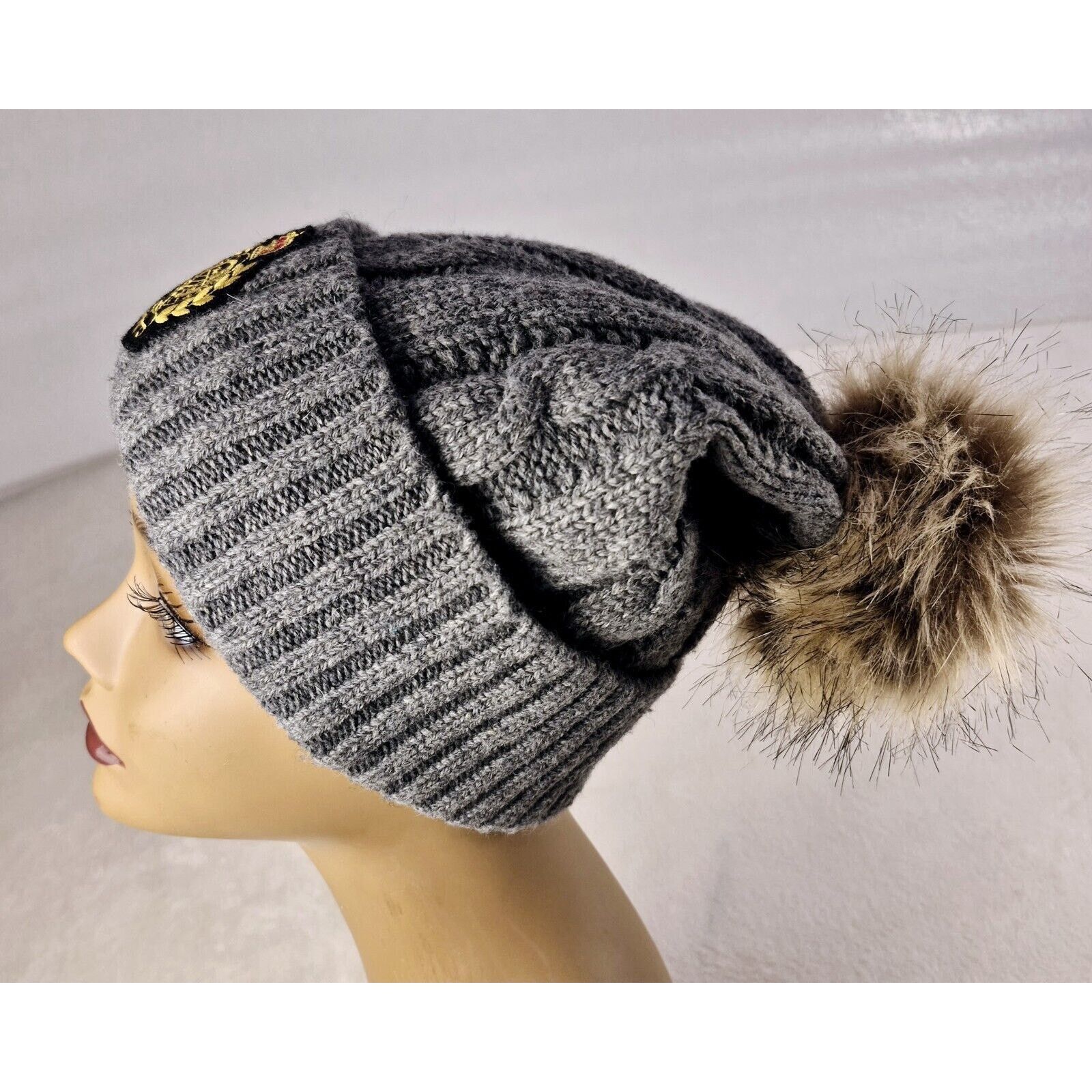 Lauren Ralph Lauren Ralph Lauren Knit Pom Beanie Logo Crest Cuff Hat Gray OSFM Size ONE SIZE - 4 Thumbnail