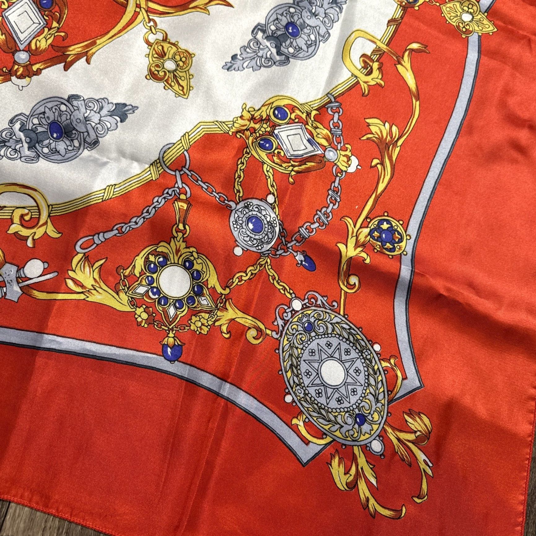 Vintage VINTAGE 90s Baroque Victorian Style Silky Red White Polyester Square Scarf Women's Red Square Scarf 33x35” Size ONE SIZE - 3 Thumbnail