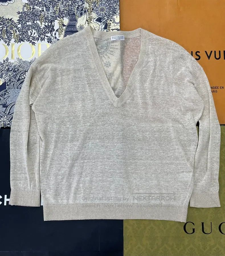 Brunello Cucinelli Brunello Cucinelli Beige Gold Thread Knit Top Size S / US 4 / IT 40 - 1 Thumbnail