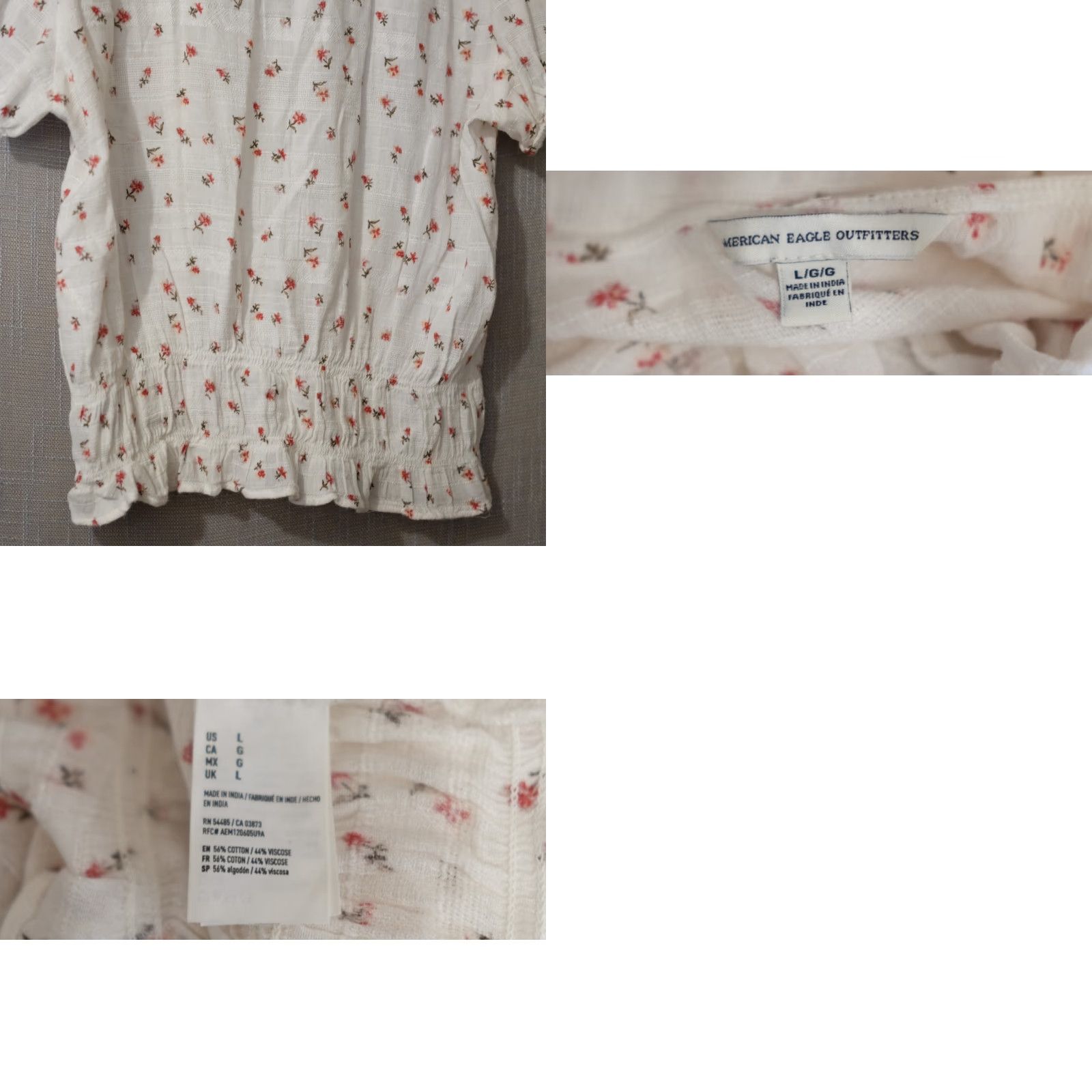 American Eagle Outfitters American Eagle Smocked Top Womens L White Floral Cropped Puff Sleeve Size L / US 10 / IT 46 - 8 Thumbnail