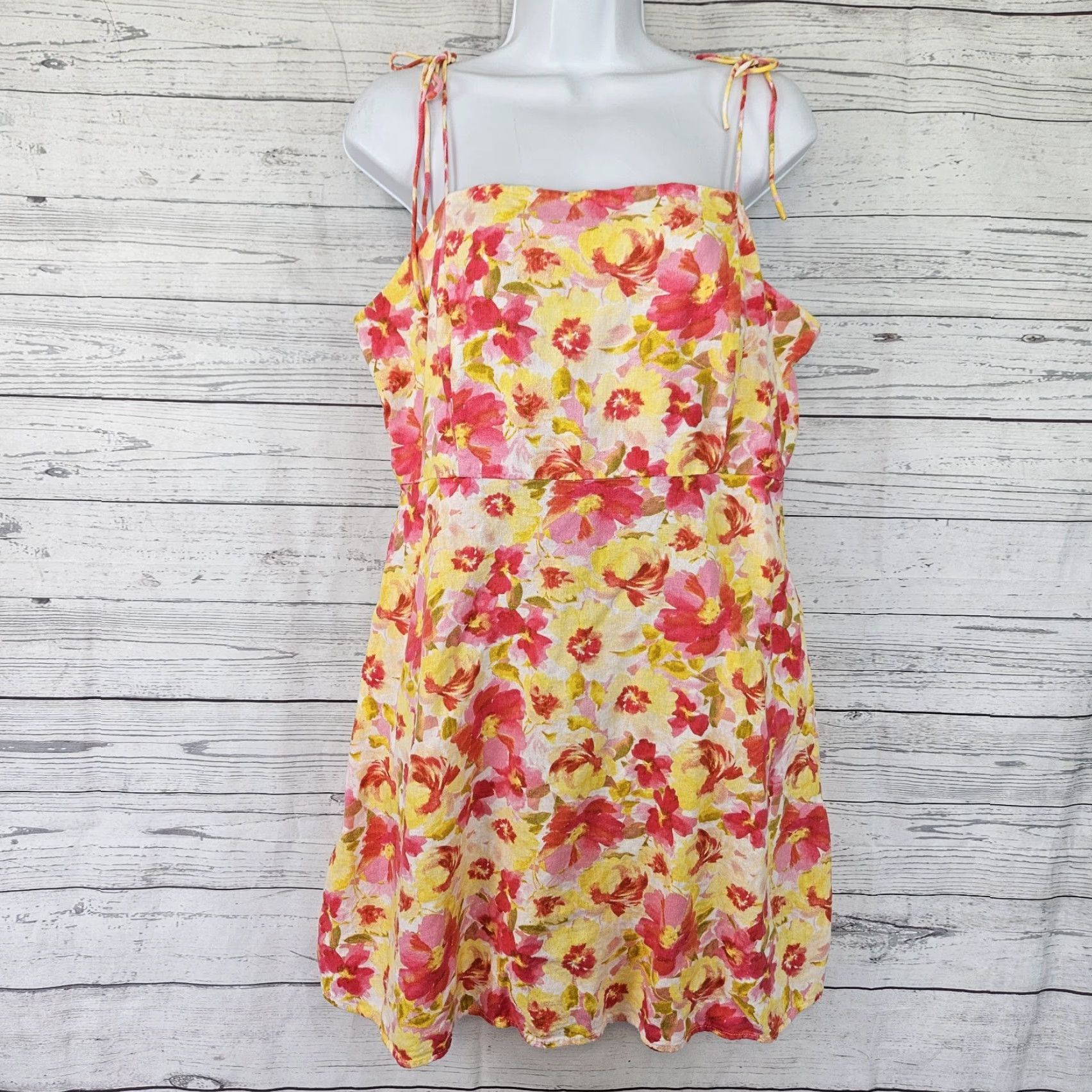 Old Navy Old Navy Womens Dress XL Pink Yellow Linen Blend Shoulder Ties Smocked Sundress Short Sleeveless Ul Floral Pattern Size XL / US 12-14 / IT 48-50 - 2 Thumbnail