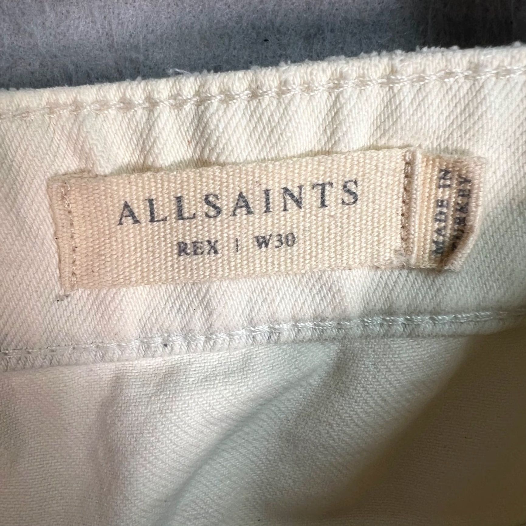 Allsaints AllSaints Jeans Slim Distressed White Denim 30 Mens 5-Pocket Rise Mid 10-12 Inseam 32 Regular Vintage No Pattern Solid Cotton Blend Shirt? Size US 30 / EU 46 - 3 Thumbnail