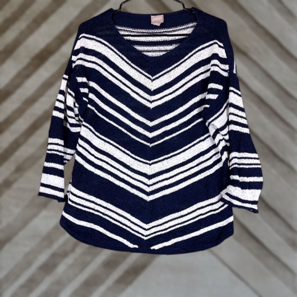 Vintage Chicos Womens Sweater Navy Blue White Chevron Boat Neck Long Sleeve M Crew Pullover Knit Casual Womens Size M / US 6-8 / IT 42-44 - 1 Thumbnail