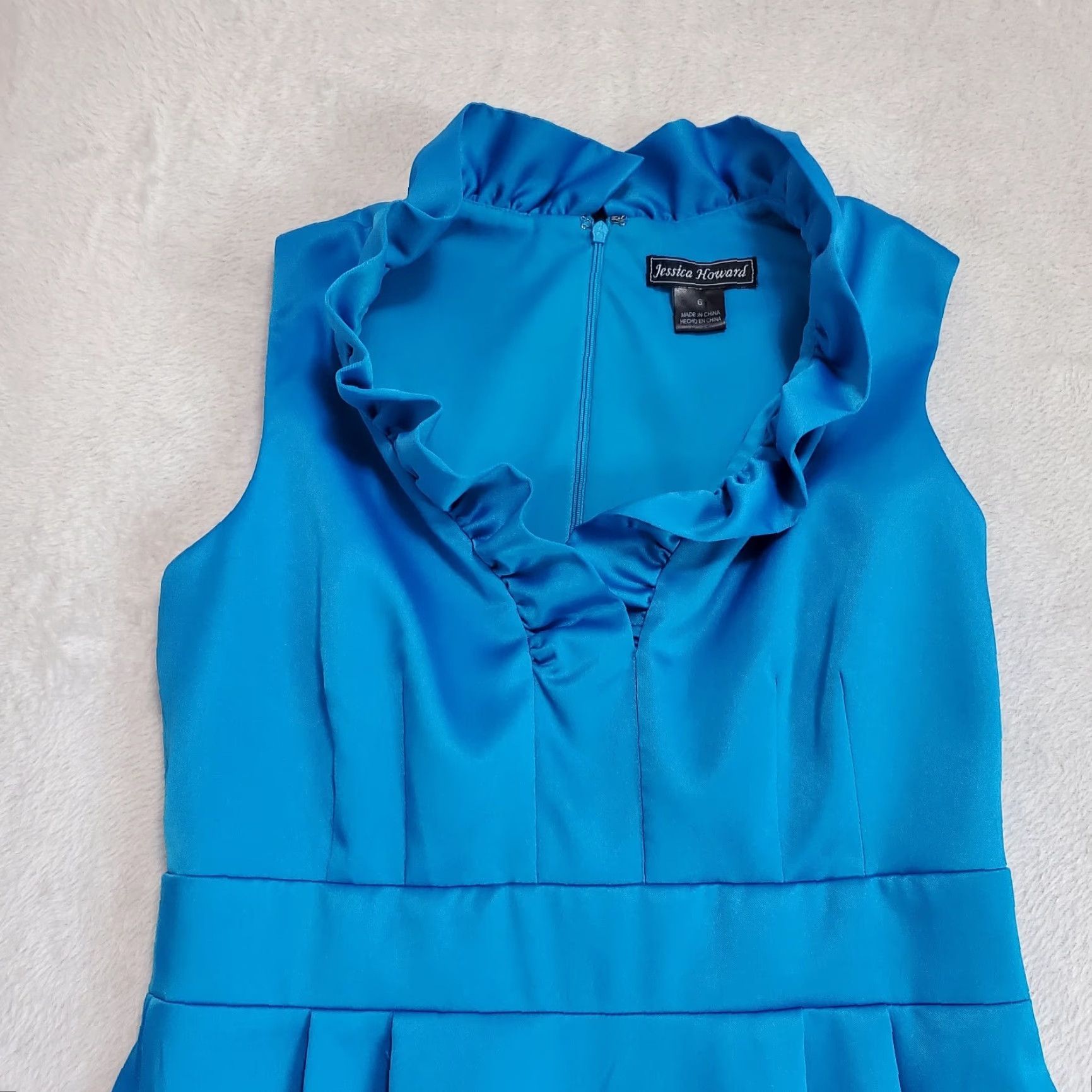 Vintage Jessica Howard Womens Dress 6 Blue Satin Knee Length Sleeveless Back Zip Ruffle Size M / US 6-8 / IT 42-44 - 3 Thumbnail