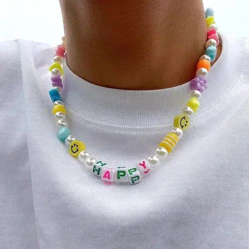Japanese Brand HAPPY Smiley Face Bead Hippie Peace Pearl Rainbow Necklace Size ONE SIZE - 1 Thumbnail