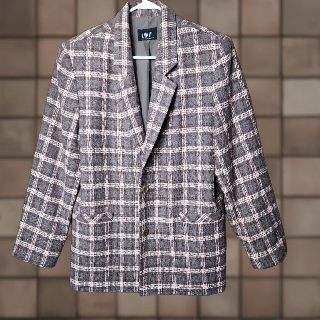 Lee VINTAGE Lana Lee Womens Blazer 2 Button Wool Blend Taupe Plaid Size 14 - Brown Academia Woman Mens? Size XL / US 12-14 / IT 48-50 - 1 Thumbnail
