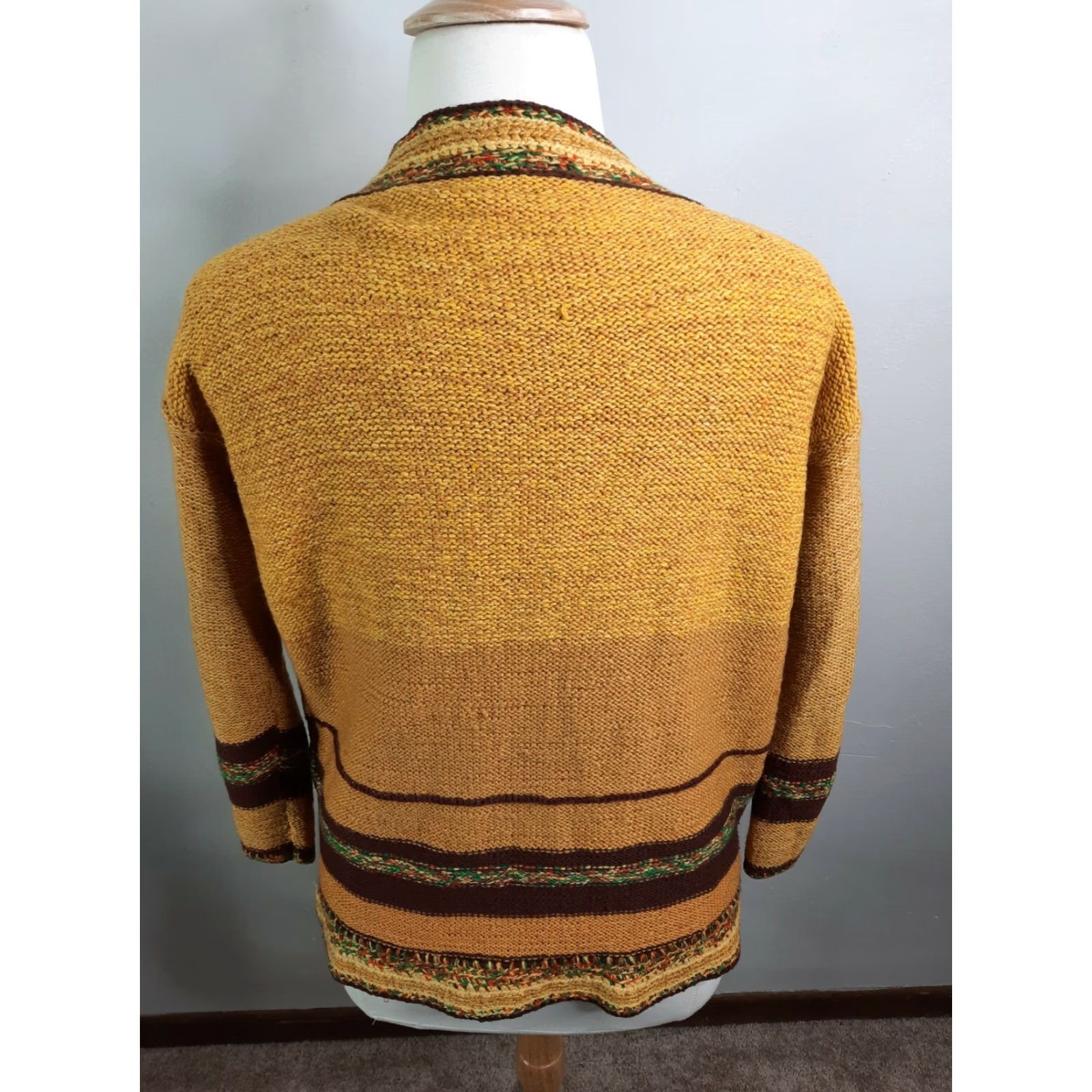 Vintage VINTAGE 70s Cardigan Sweater Women XL Yellow Brown Boho V Neck Round Neck 70s Pattern Knit Acrylic Belted Shoestring Not Included Size XL / US 12-14 / IT 48-50 - 5 Thumbnail