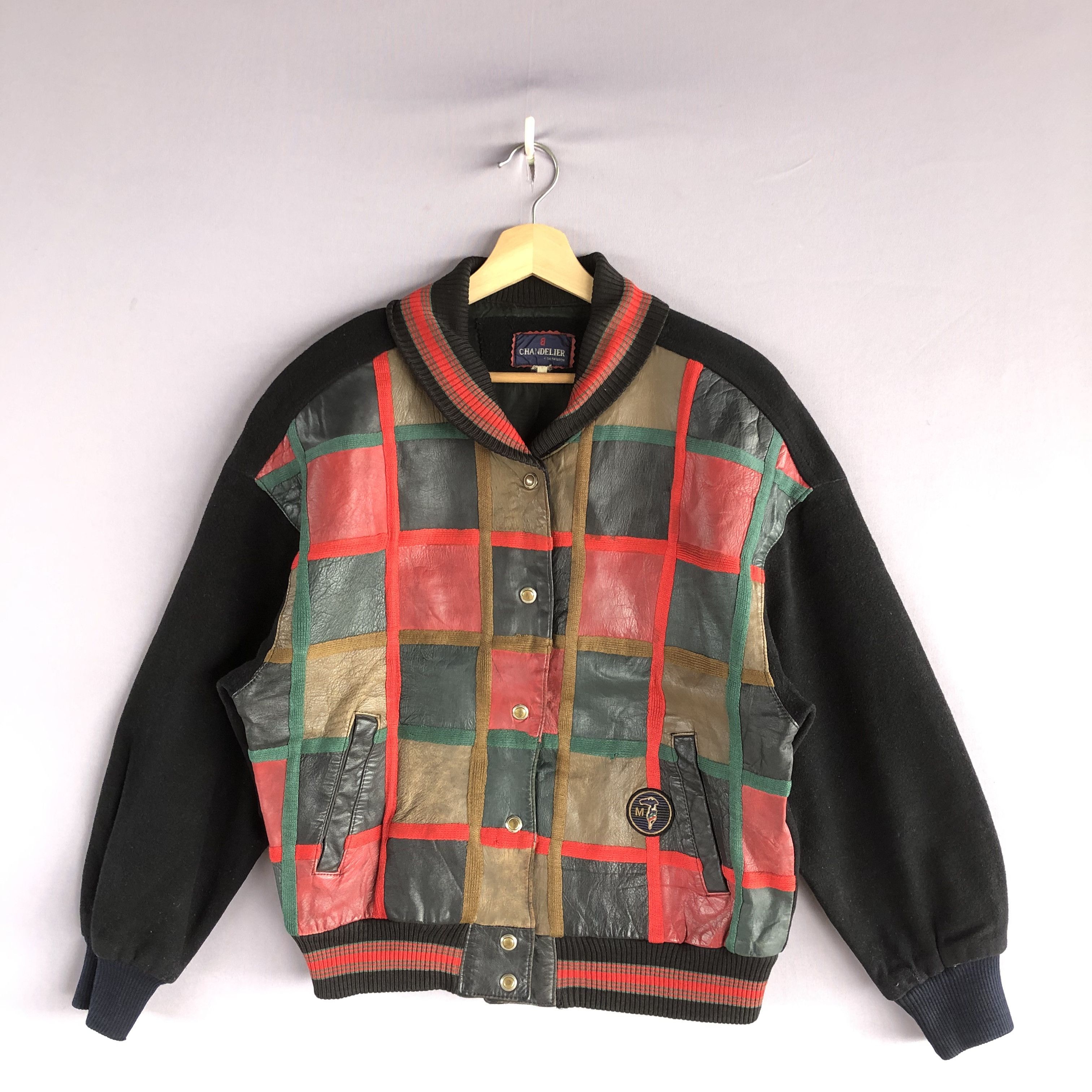 Vintage Vintage 90s Chandelier Tartan Leather Varsity Wool Jacket Size US M / EU 48-50 / 2 - 1 Thumbnail