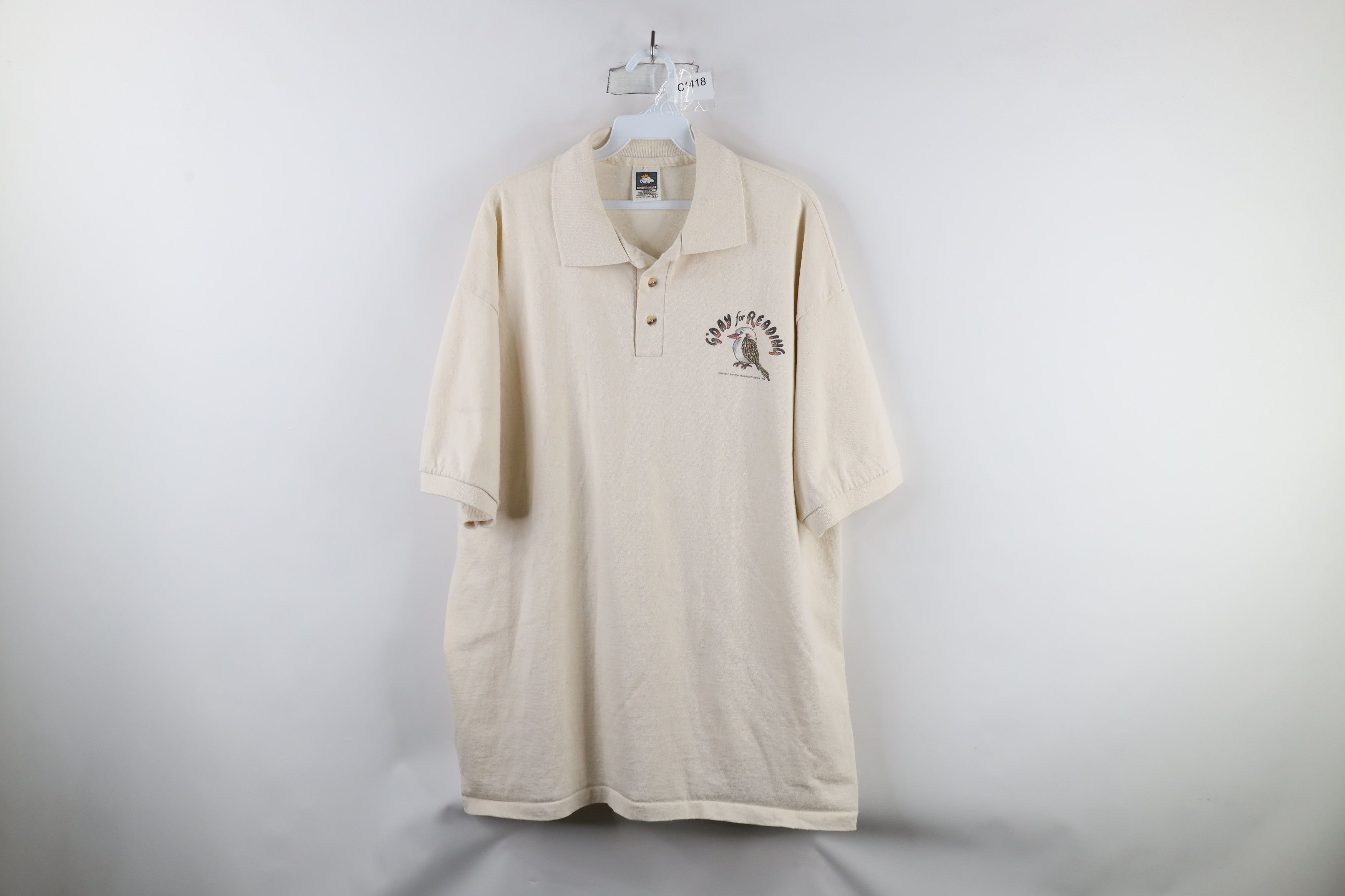Vintage Vintage 90s Michigan Reading Program Polo Shirt Beige Size US XL / EU 56 / 4 - 1 Thumbnail