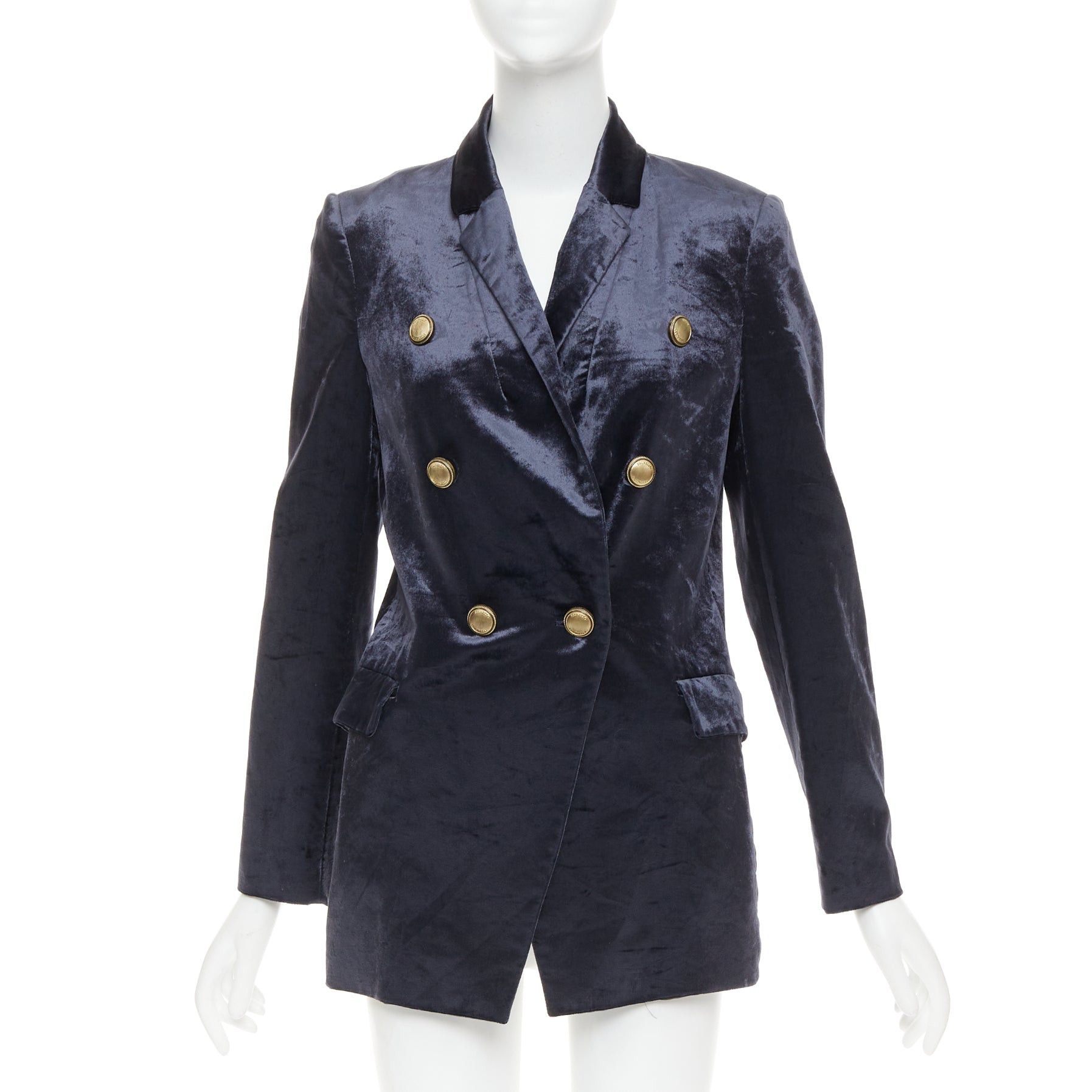 Brunello Cucinelli BRUNELLO CUCINELLI navy velvet brass logo buttons double breasted blazer jacket IT40 S Size S / US 4 / IT 40 - 1 Thumbnail