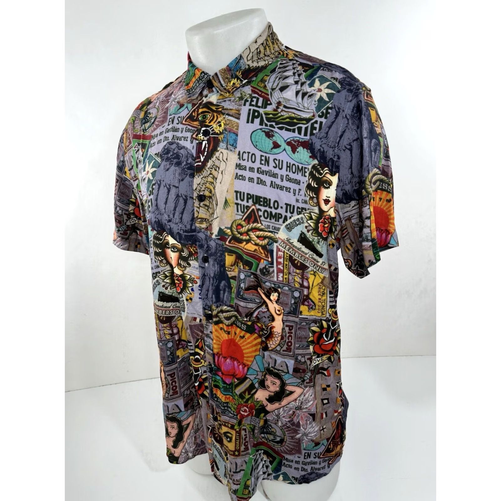 Guess GUESS Hawaiian Shirt Men's Short Sleeve Button-Up Mermaid Tattoo Nautical Travel L Multicolor Ship 90s Theme Girls Mens Boys Size US L / EU 52-54 / 3 - 5 Thumbnail