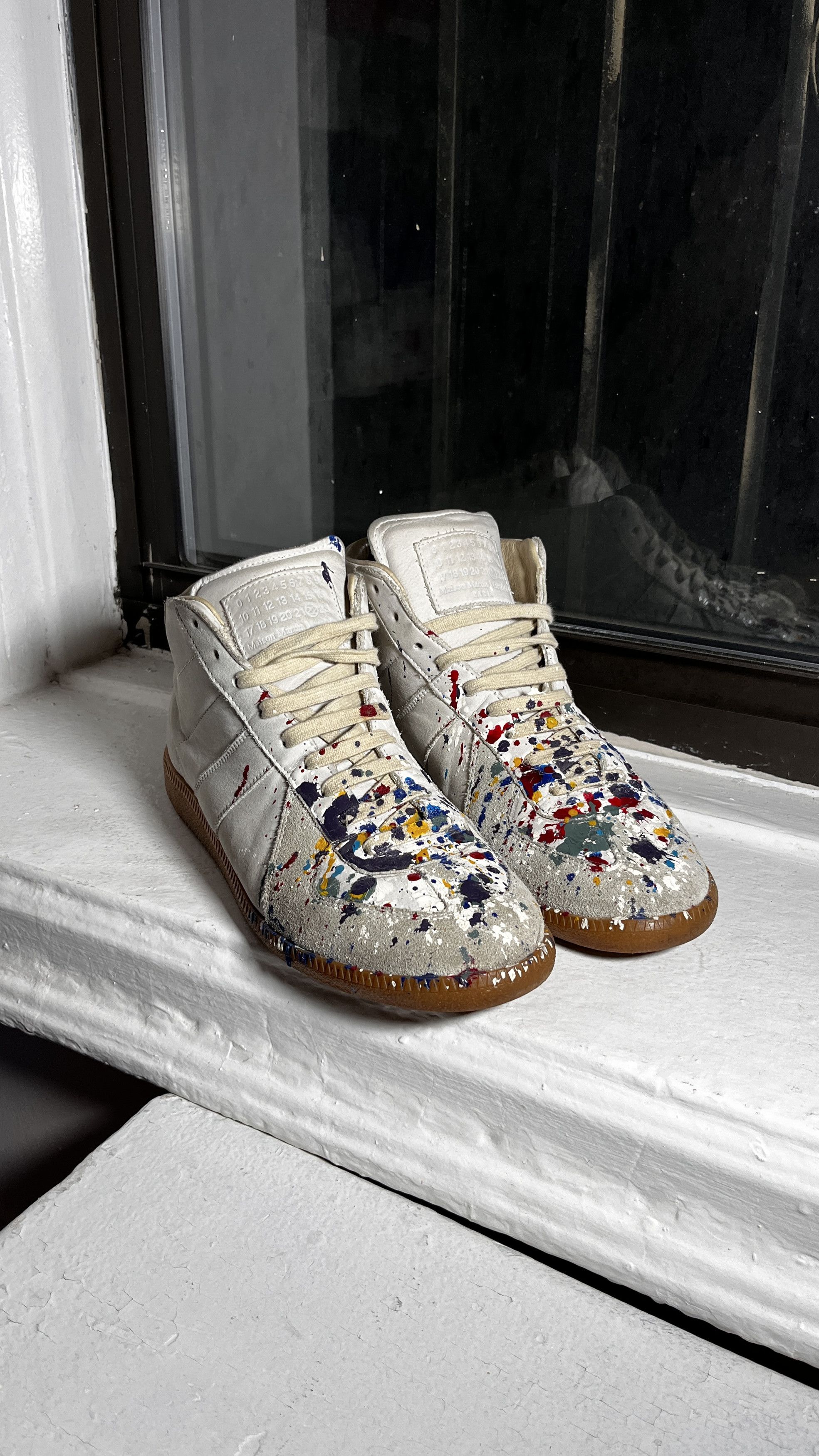image of Maison Margiela Gat German Army Mid Paint Splatter Shoes in Beige, Men's (Size 9)