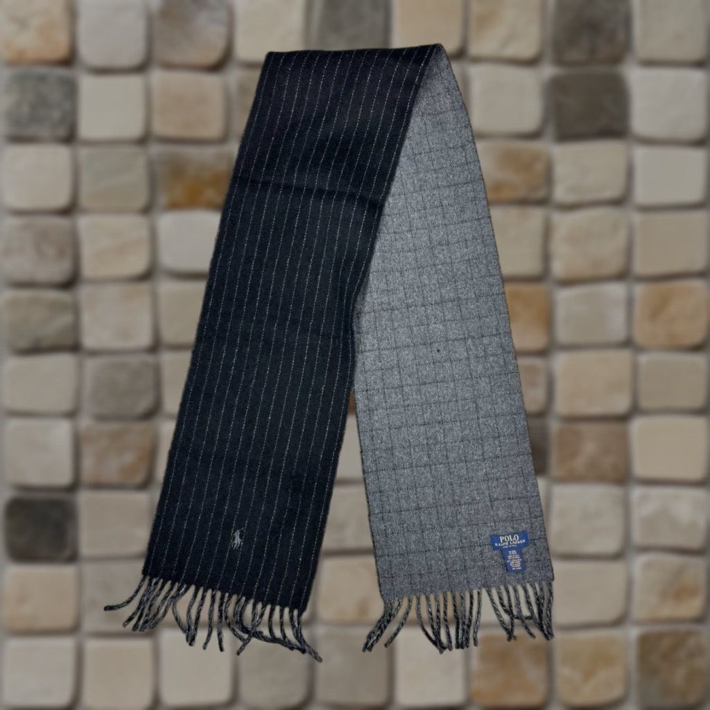 Polo Ralph Lauren Polo Ralph Lauren Scarf Men Wool Neck Warmer Navy Gray Chalk Stripe OS Fringe Winter Outdoor Gift Size US M / EU 48-50 / 2 - 1 Thumbnail