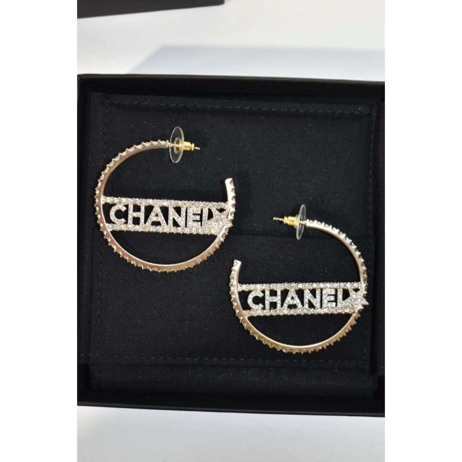 Chanel Chanel Gold Metal Crystal Drop Statement Hoop Earrings Size ONE SIZE - 8 Thumbnail