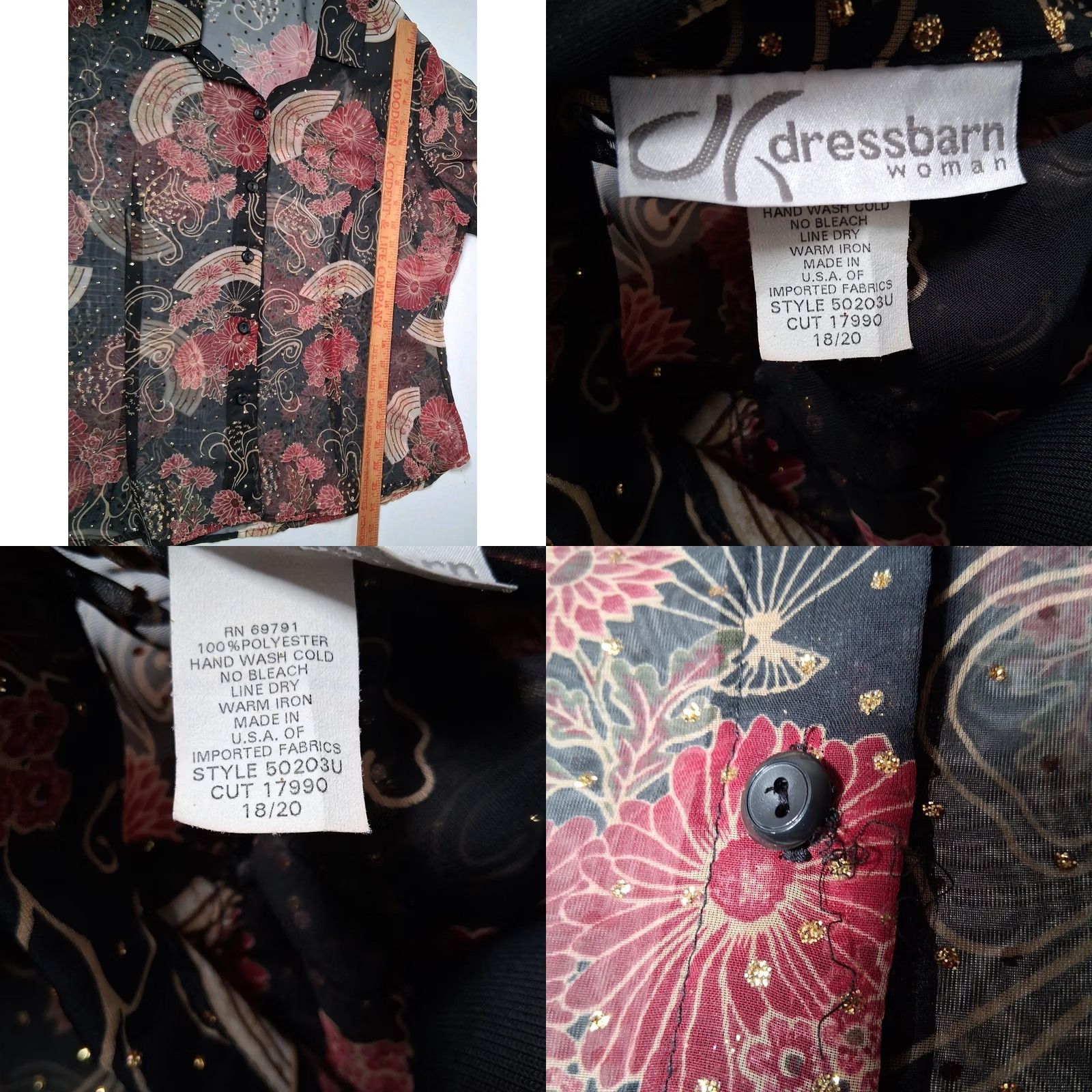 Vintage VINTAGE Dressbarn Blouse Plus Size 18/20 Sheer Black Metallic Gold Floral Bell Sleeve Peasant Bohemian Y2K Fashion Women Mens? Size XXL / US 16-18 / IT 52-54 - 8 Thumbnail