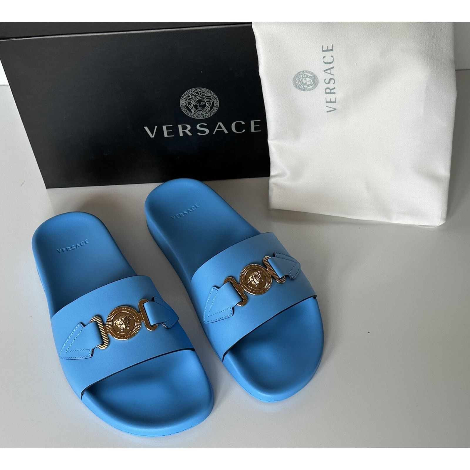 Versace Versace Gold Medusa Leather/Rubber Sandals Blue 10 1004983 Size US 10 / EU 43 - 2 Thumbnail