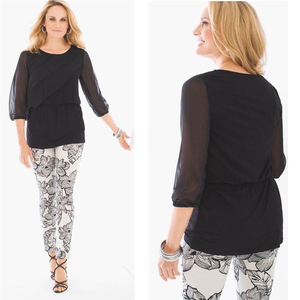 Chicos Chico's Knit Ruffle-Front Black Top Size 1 US M Size M / US 6-8 / IT 42-44 - 1 Thumbnail