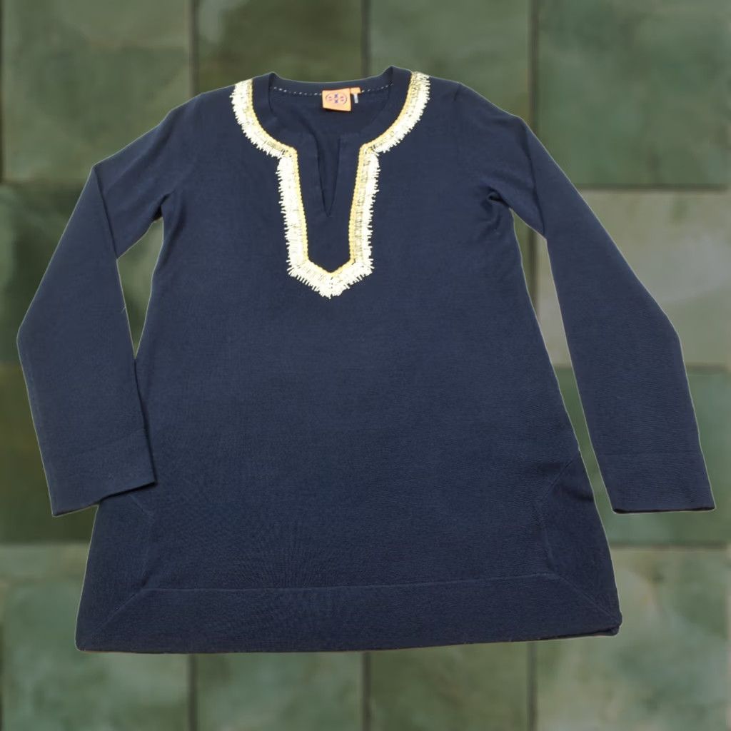 Tory Burch Tory Burch Merino Wool Embellished Tunic Sweater Blue Long Sleeve Women M-V-Neck Casual Knit Wool Size M / US 6-8 / IT 42-44 - 1 Thumbnail
