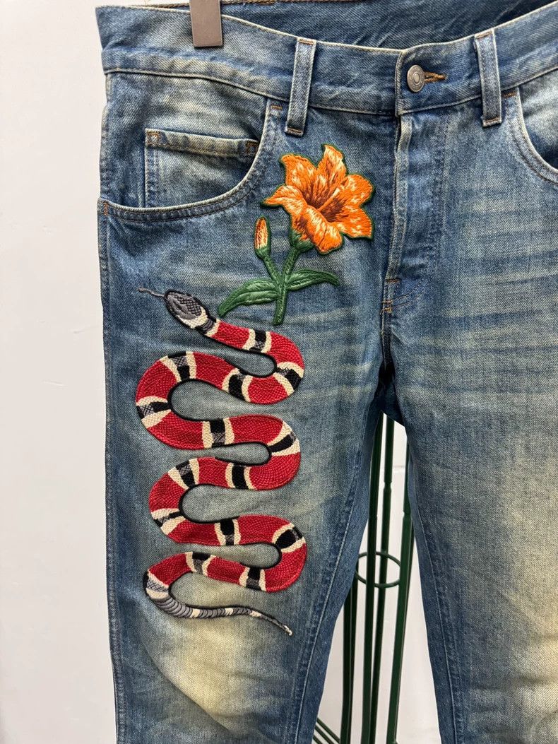 Gucci Gucci Snake pattern floral print zipper straight jeans Size US 32 / EU 48 - 3 Thumbnail