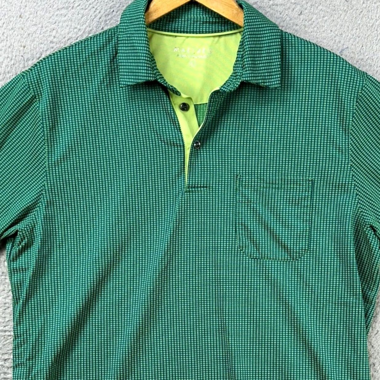 Vintage Maelreg Performance Polo Shirt Mens Large Green Rugby Golf Short Sleeve Pocket Logo Geometric Athletic Breathable Collared 92% Polyester 8% Spandex Size US L / EU 52-54 / 3 - 2 Thumbnail