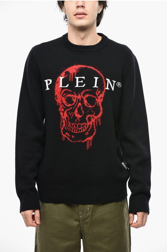 Image of Philipp Plein Ls Intarsia Woll Pullover Crew-Neck With Skull in Nero/Rosso, Men's (Size 2XL)