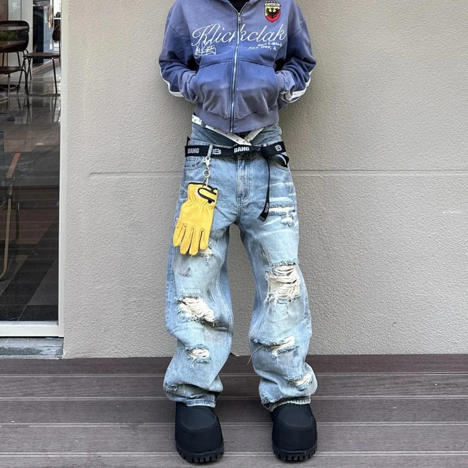 Jean Double-Waistband Ripped Floor-Length Wide-Leg Denim Jeans Size US 30 / EU 46 - 6 Thumbnail