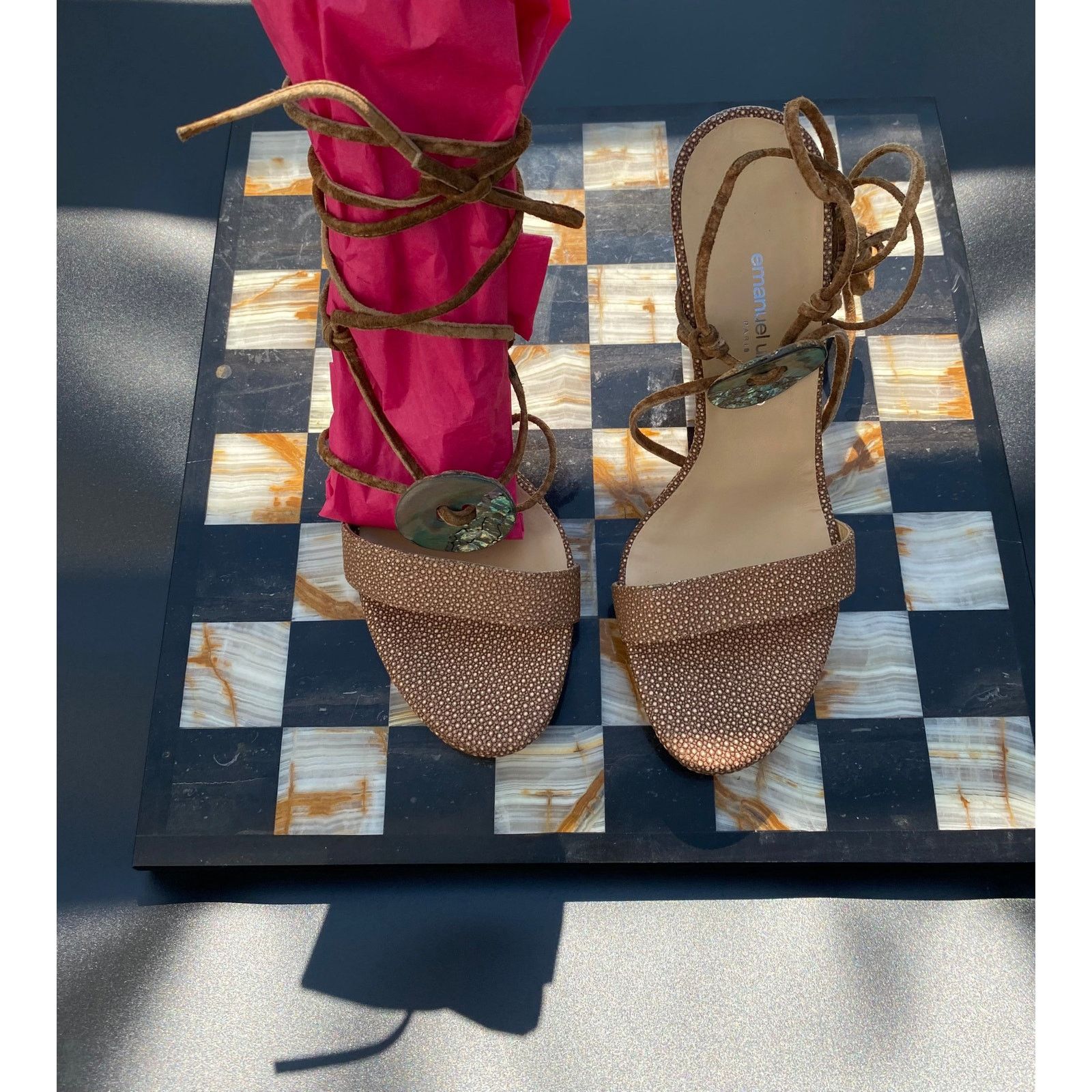 Emanuel Ungaro Vintage Emanuel Ungaro Mosaic Shell Tie Up Heels Size US 7 / IT 37 - 3 Thumbnail