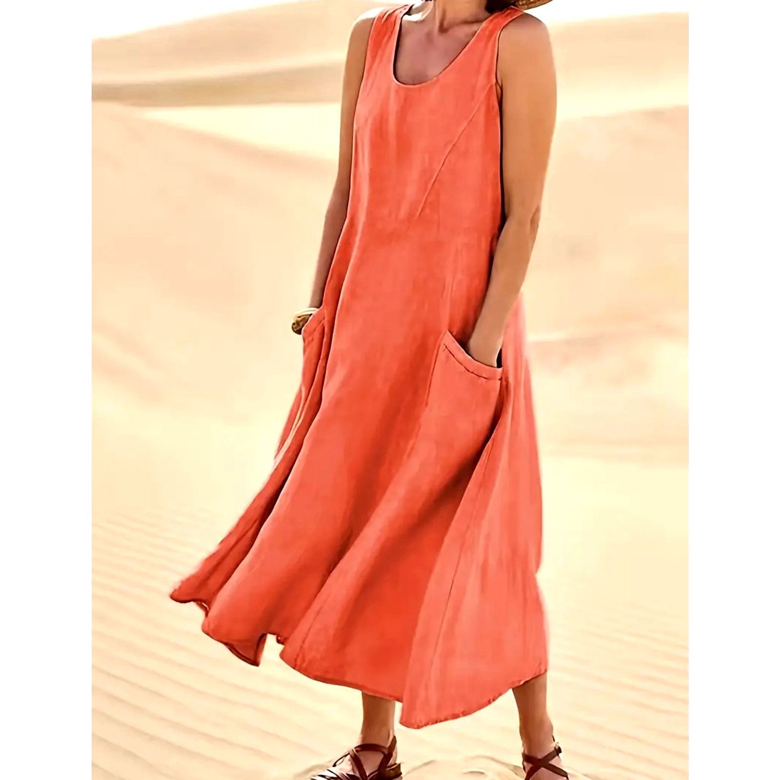 Other Sleeveless 100% Cotton Midi Dress Pockets Coral size 8/10 Size L / US 10 / IT 46 - 3 Thumbnail