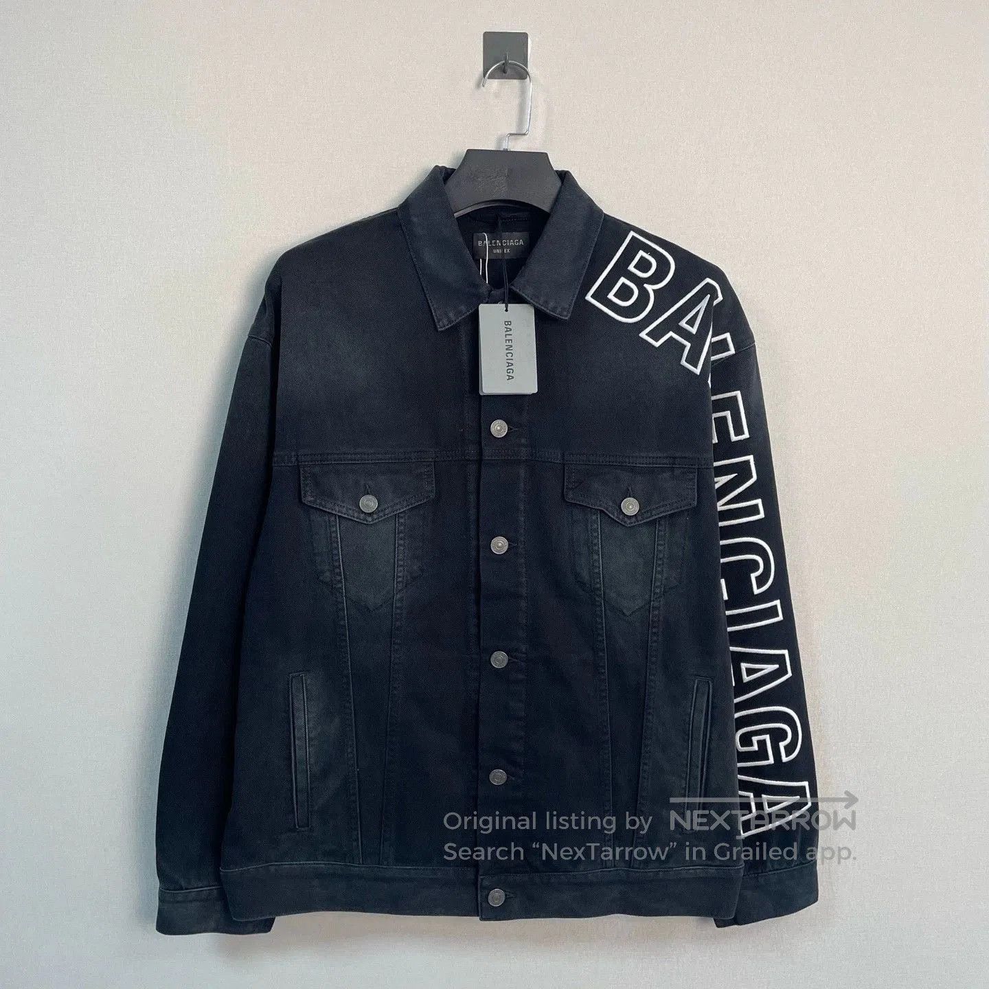 balenciaga embroidered denim jacket in black.