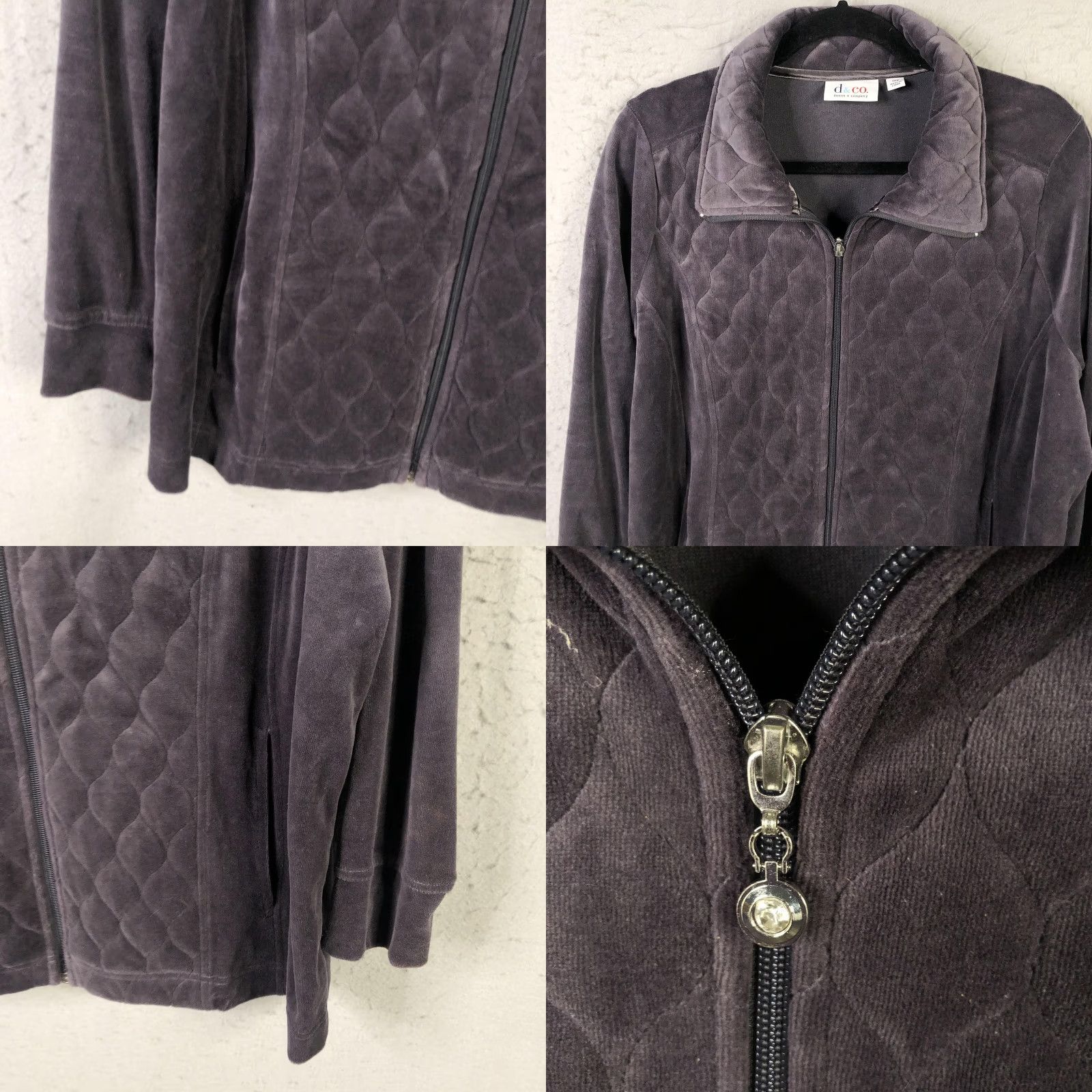 Denim & Co. Denim & Company Jacket Womens 1X Petite Gray Quilted Velour Soft Zip Front Collared Lined Insulated Pockets Size XL / US 12-14 / IT 48-50 - 8 Thumbnail