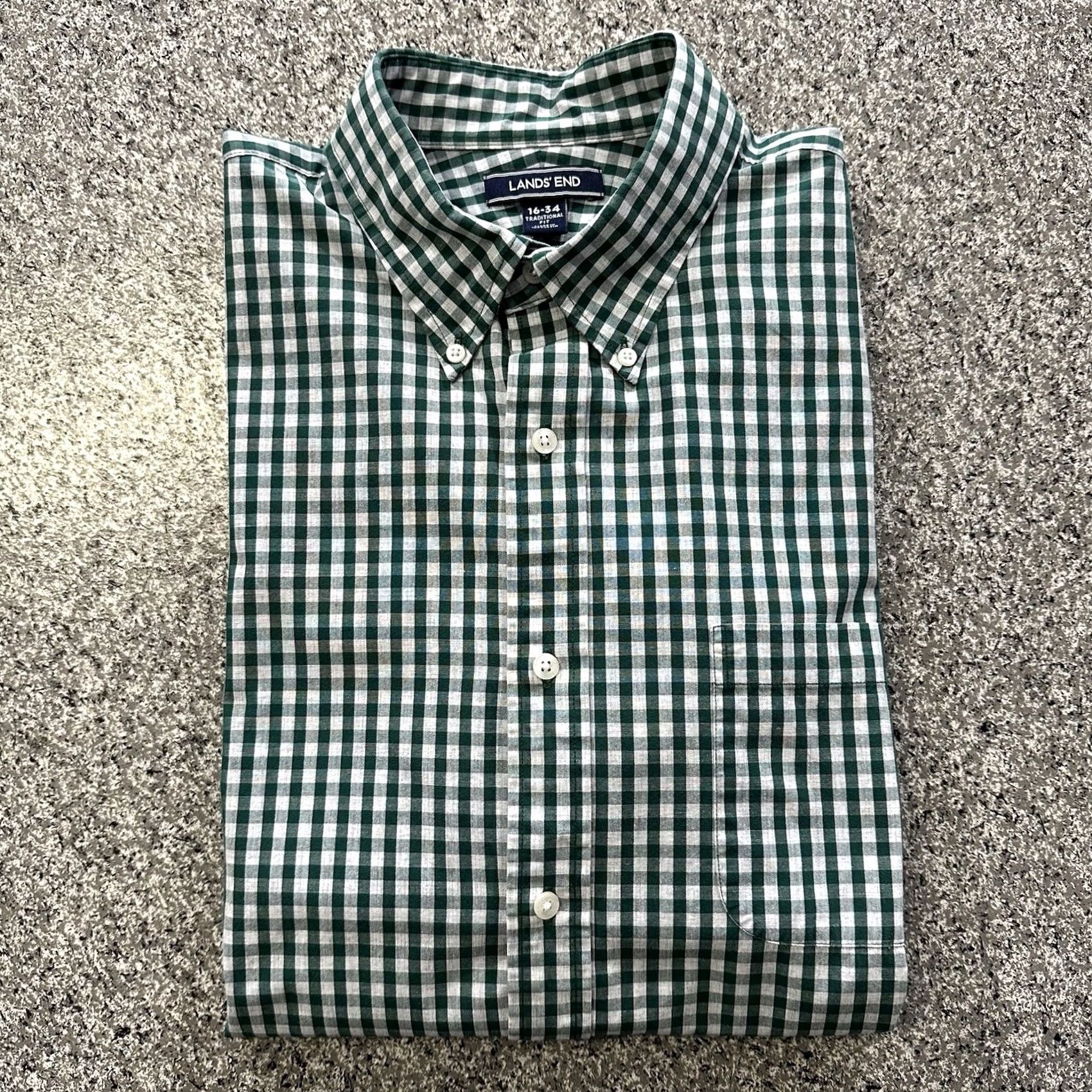Lands' End Lands' End Shirt Mens 16 34 Long Sleeve Button-Down Green Traditional Fit Gingham Size US L / EU 52-54 / 3 - 2 Thumbnail