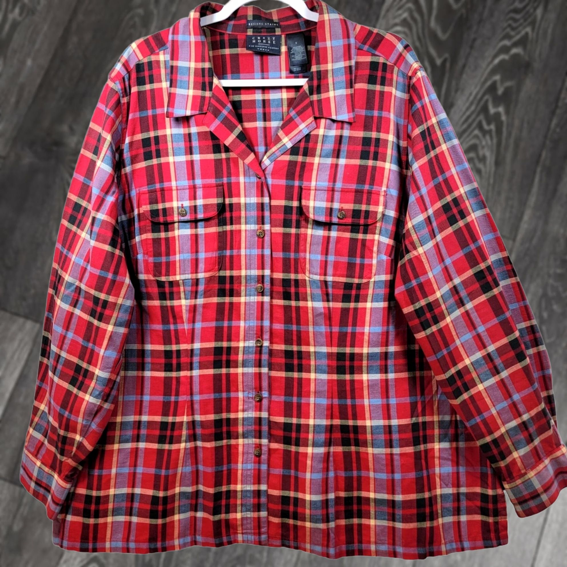 Vintage Stain Resistant Red Plaid Button Shirt Womens 3X Pockets Long Sleeve Tunic Size XXL / US 16-18 / IT 52-54 - 1 Thumbnail