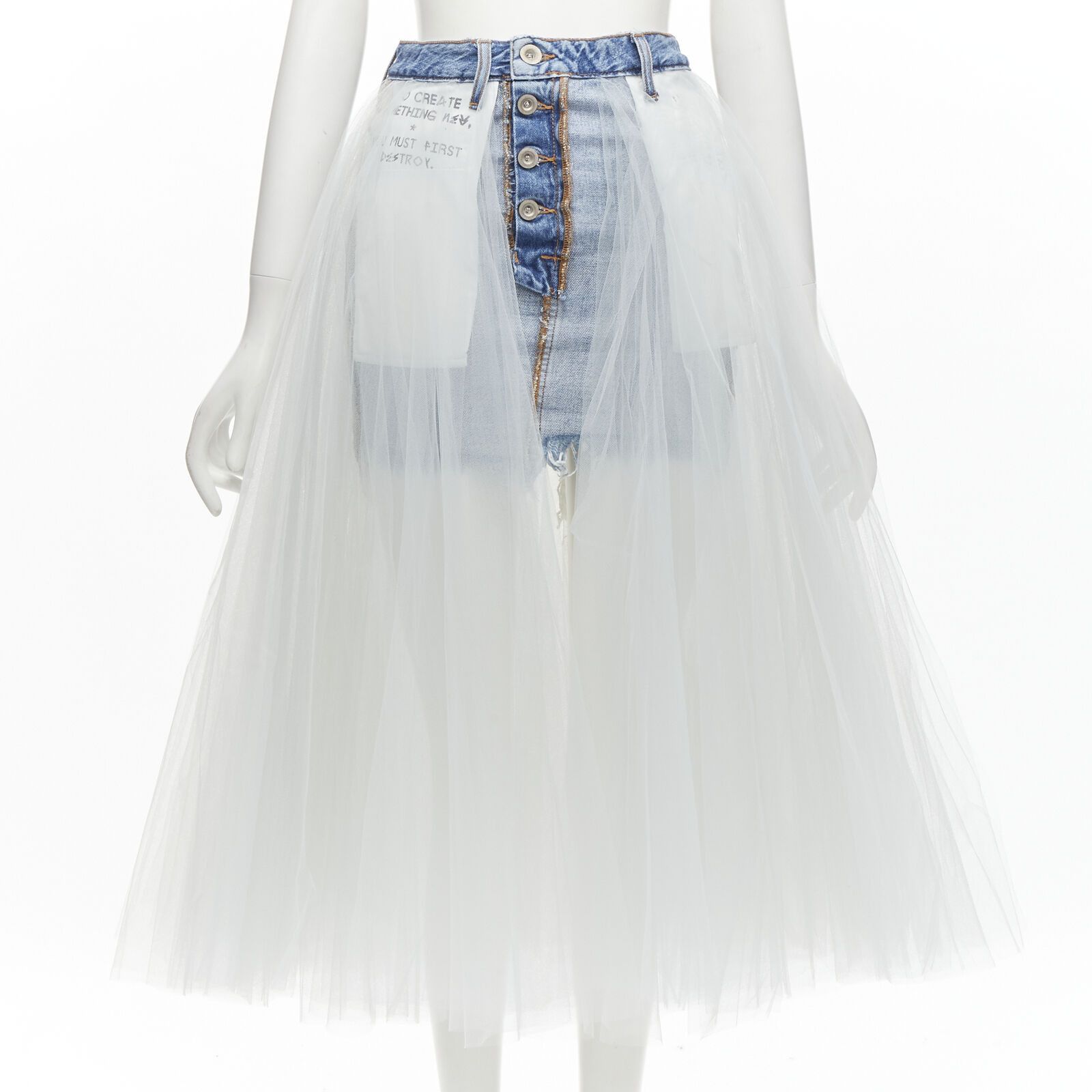 image of Unravel Project Ben Taverniti White Tulle Tutu Inside Out Washed Denim Skirt 24", Women's (Size 26)