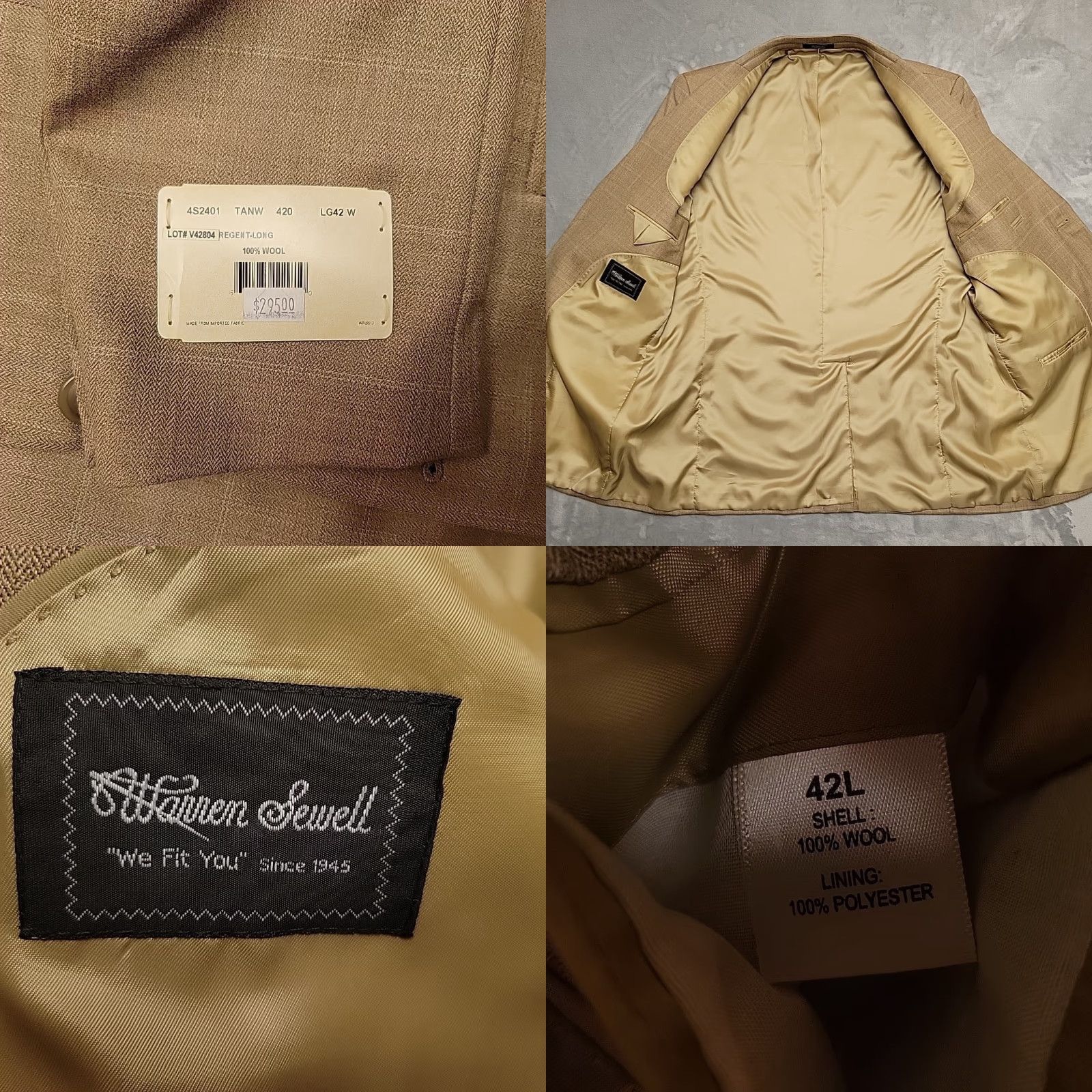 Vintage VTG Warren Sewell Blazer Mens 42L Beige Brown 100% Wool Plaid Regent Suit Coat Jacket Two-Button Notch Lapel Single-Vented Dry Clean Only Mens Size 42R - 8 Thumbnail