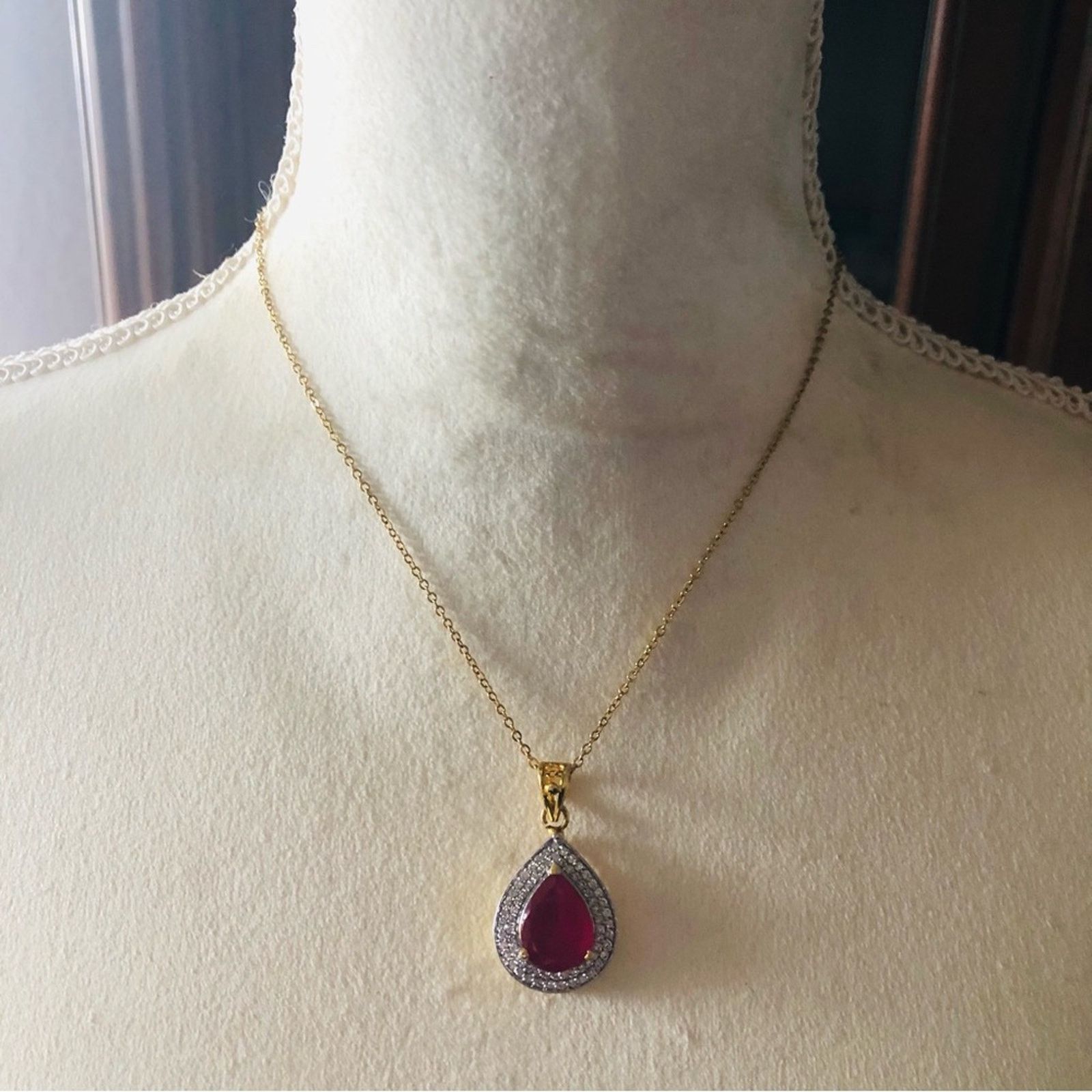 Vintage Teardrop natural oriental ruby cz halo gold vermeil pendant Size ONE SIZE - 7 Thumbnail