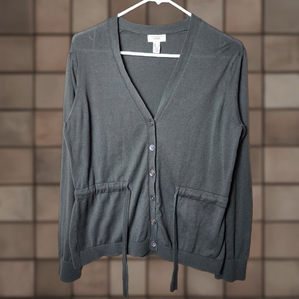 Lands' End Lands' End Womens Olive 100% Cotton Buttonfront Tie Waist Cardigan-Size L Women Cardigan Vintage? No Size L / US 10 / IT 46 - 1 Thumbnail