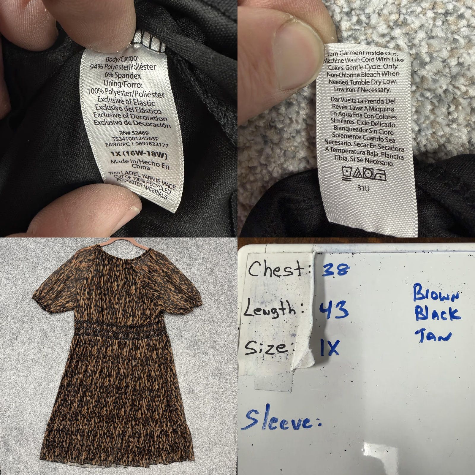 Vintage Terra & Sky Dress 1X Brown Abstract Animal Smocked Midi Whimsigoth Indie Sleaze Shirt/ Dress Size XL / US 12-14 / IT 48-50 - 8 Thumbnail