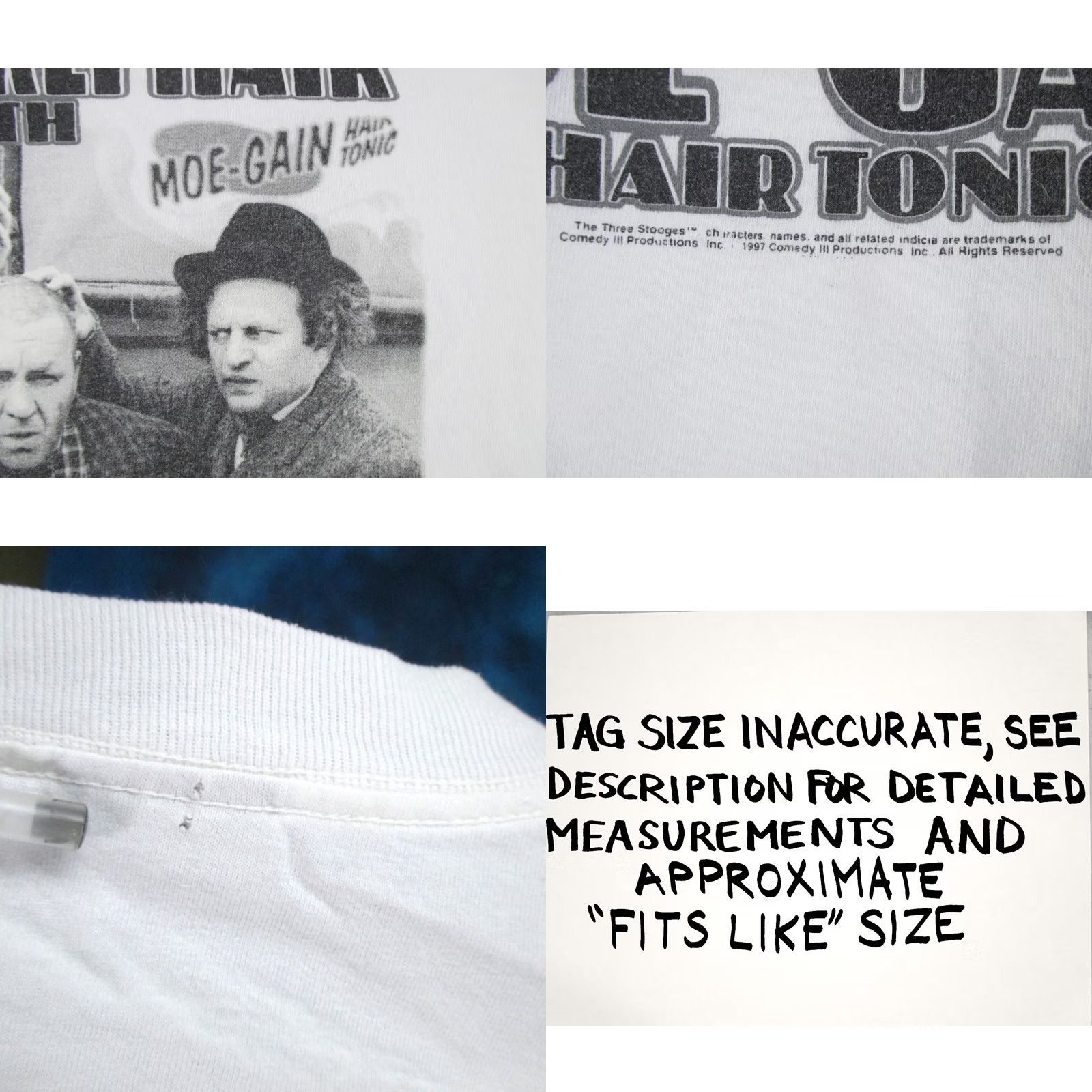 Vintage vintage THE THREE STOOGES MOE-GAIN HAIR TONIC T-Shirt M white 80s 90s adult Mens comedy shirt Size US M / EU 48-50 / 2 - 8 Thumbnail