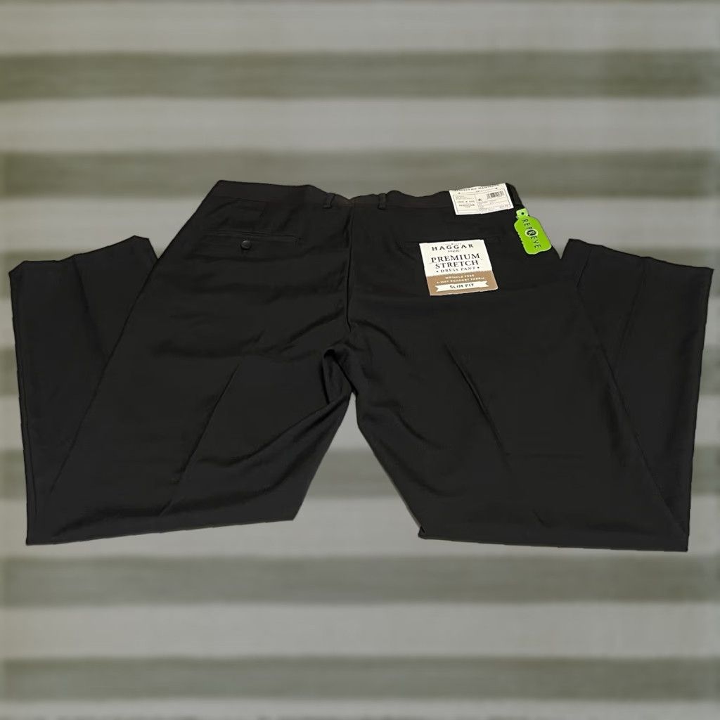 Haggar Slim Dress Pants Men 36x30 Black Polyester Flat Front Stretch NWT