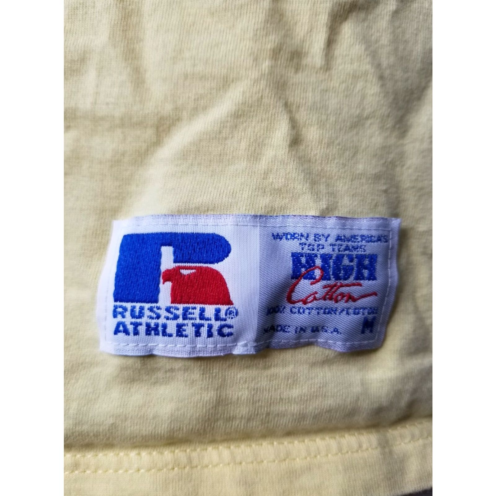 Russell Athletic VINTAGE Russell Athletic Tee Shirt M Mens Yellow Pocket T Shirt Made In USA Cotton Crew Neck Short Sleeve 20x25 Distressed Back USA Graphic Basic Tee Size US M / EU 48-50 / 2 - 3 Thumbnail