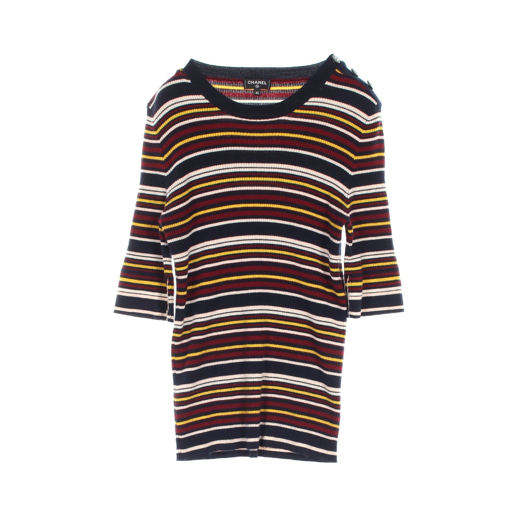 Chanel Chanel Cocomark Button Knit Stripes Cashmere Silk Dark Navy Multicolor Size ONE SIZE - 1 Thumbnail
