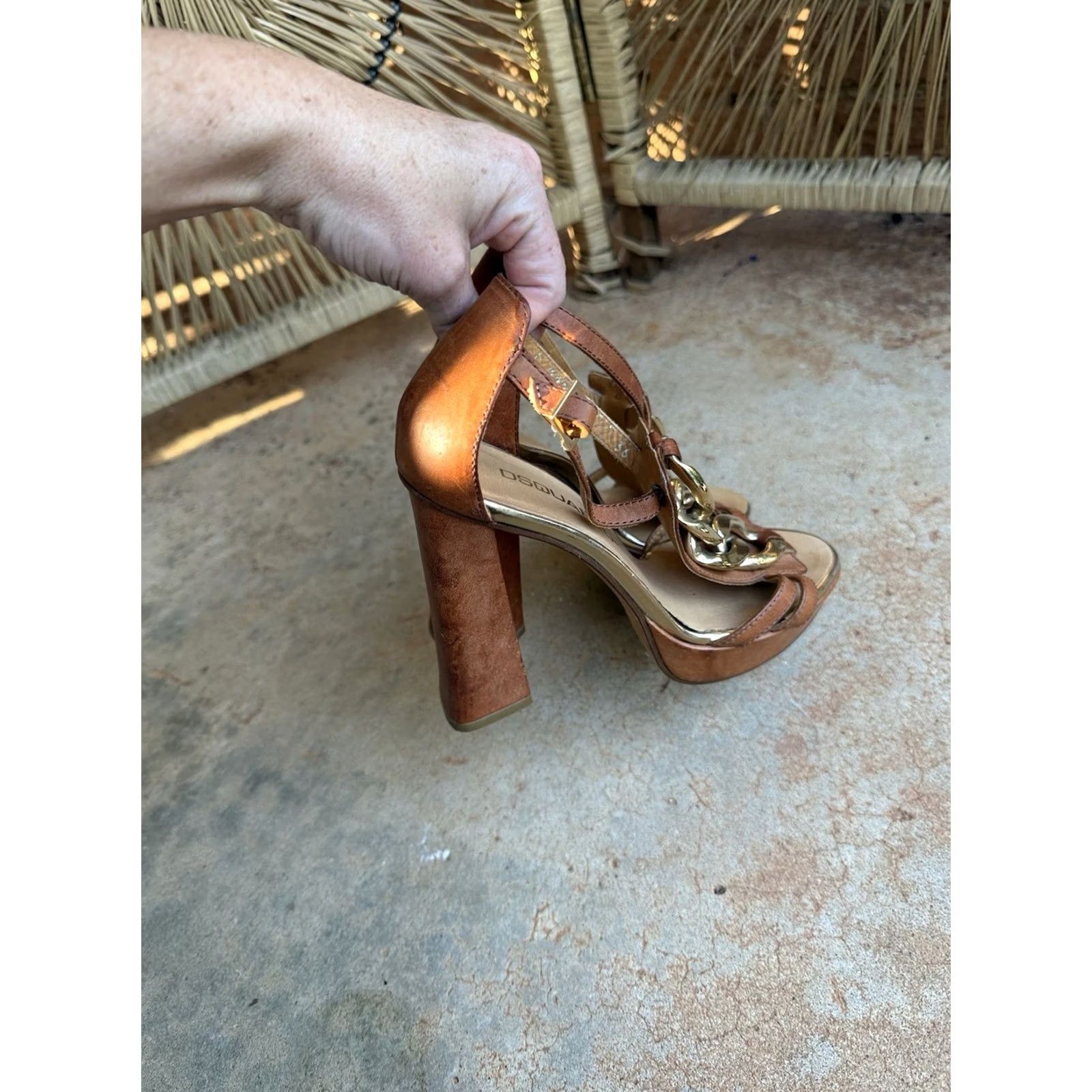 Dsquared2 Dsquared2 Women's 6 High Chunky Chain Block Heel Platform Leather Sandals, Brown, Leather, Italy, Platform, Heel, Sandals, Women, Ultra High Size US 6 / IT 36 - 6 Thumbnail