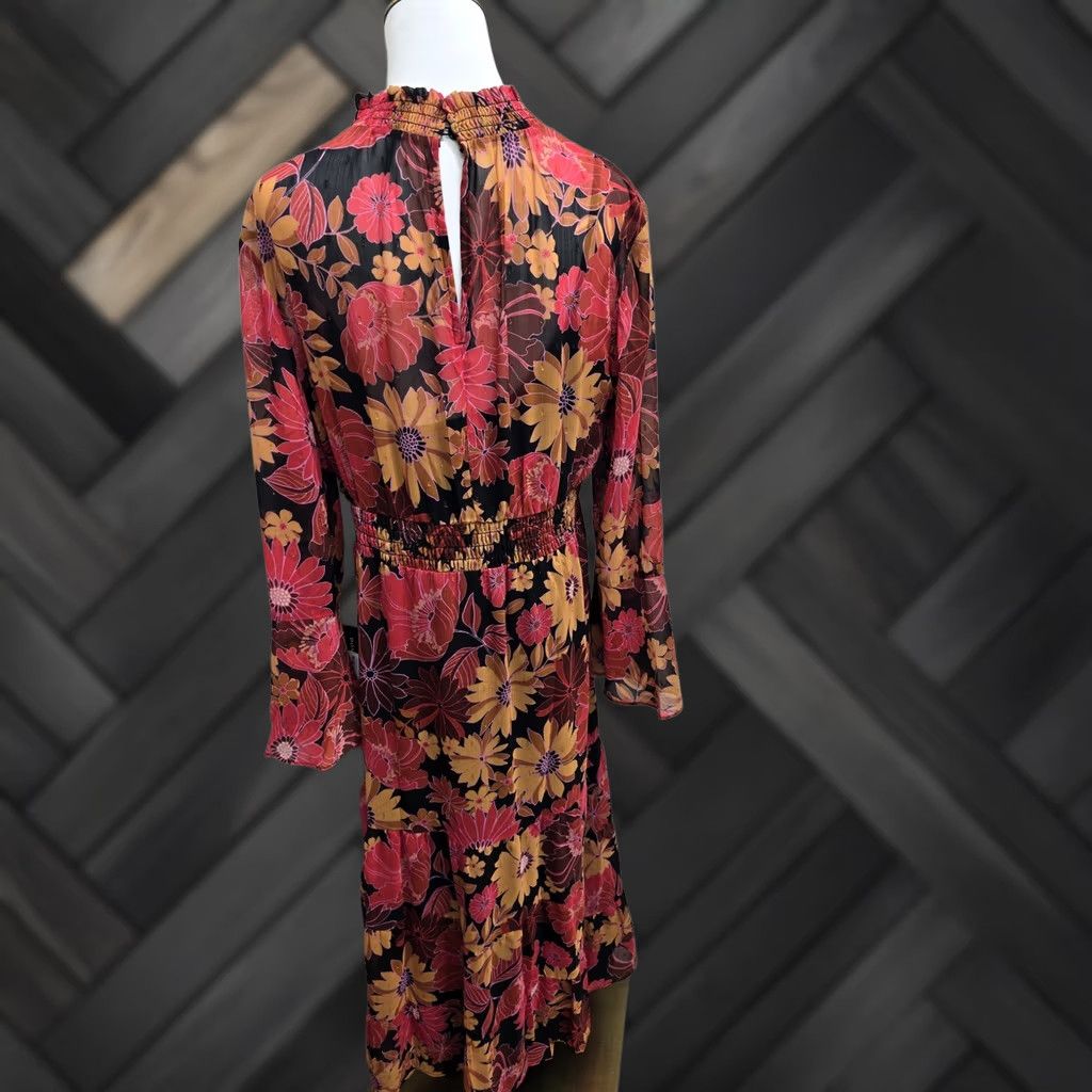 Bell BHOC Size 10 Floral Midi Chiffon Long Sleeve Bell Dress Blk Coral Size L / US 10 / IT 46 - 1 Thumbnail