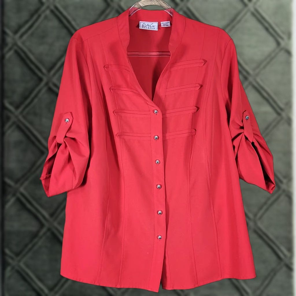 Vintage Kathy Che Blouse Shirt Red Button Front Tab Sleeve 14W Plus Size Women Formal Business Size XL / US 12-14 / IT 48-50 - 1 Thumbnail