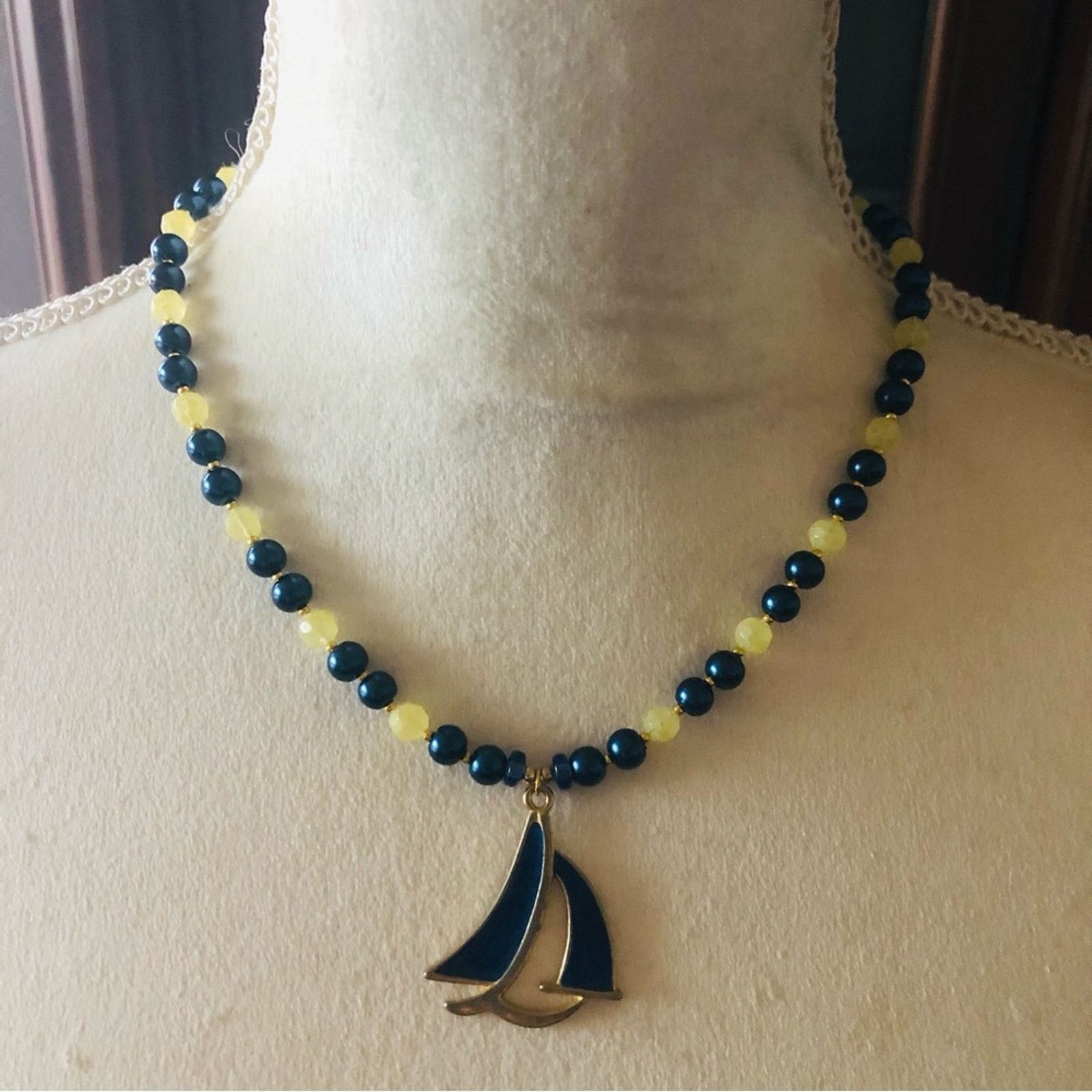 Handmade Handcrafted repurpose royal blue sailboat Pearl necklac Size ONE SIZE - 2 Thumbnail