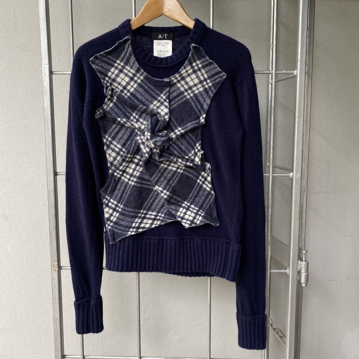 Japanese Brand A/T Navy Blue Sweater with Plaid Ruffle Front Size S / US 4 / IT 40 - 4 Thumbnail
