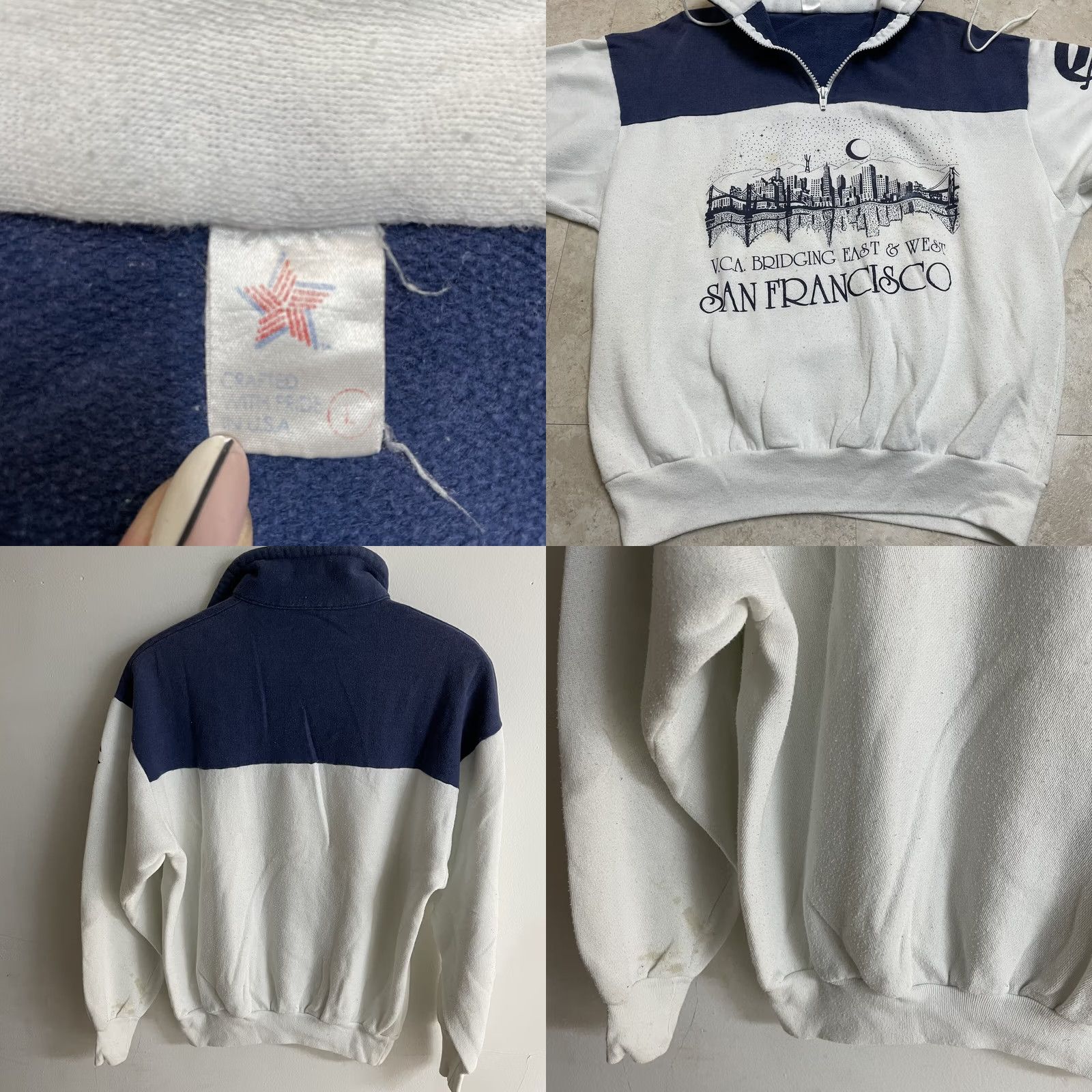 Nautica VINTAGE Milliken VTG Super 80s SanFran California Navy Nautical Sweatshirt Zip Large Skyline VCA Mens L Blue USA 80s Size US L / EU 52-54 / 3 - 8 Thumbnail