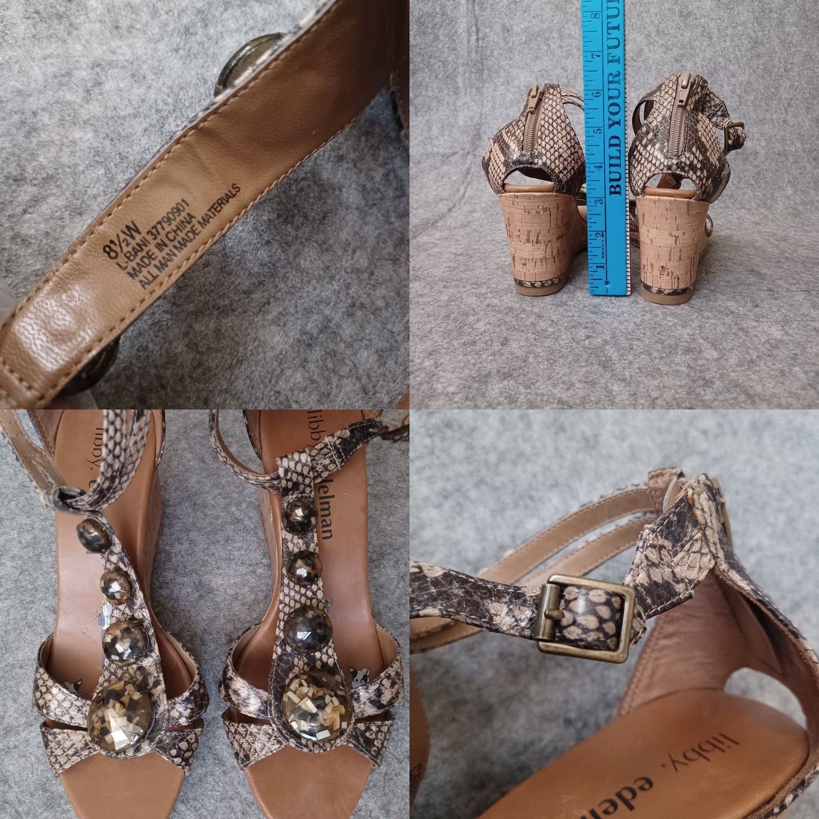 Skin Libby Edelman Sandals Women 8.5 W Beige Brown Faux Snake Skin Wedge Ankle Strap Size US 9 / IT 39 - 8 Thumbnail